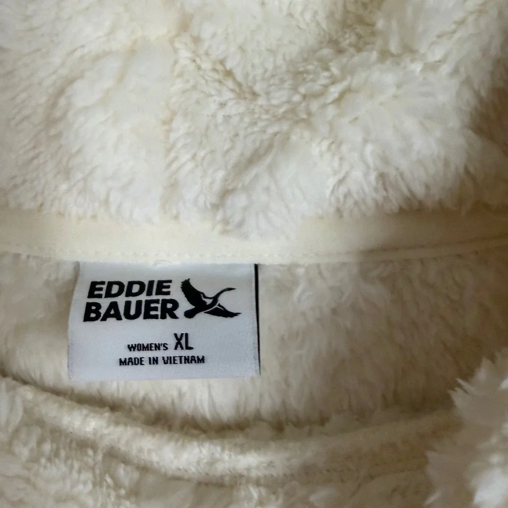 Eddie Bauer Womens XL Cream Sherpa Fleece Cable Knit Embossed Mock Neck Pullover